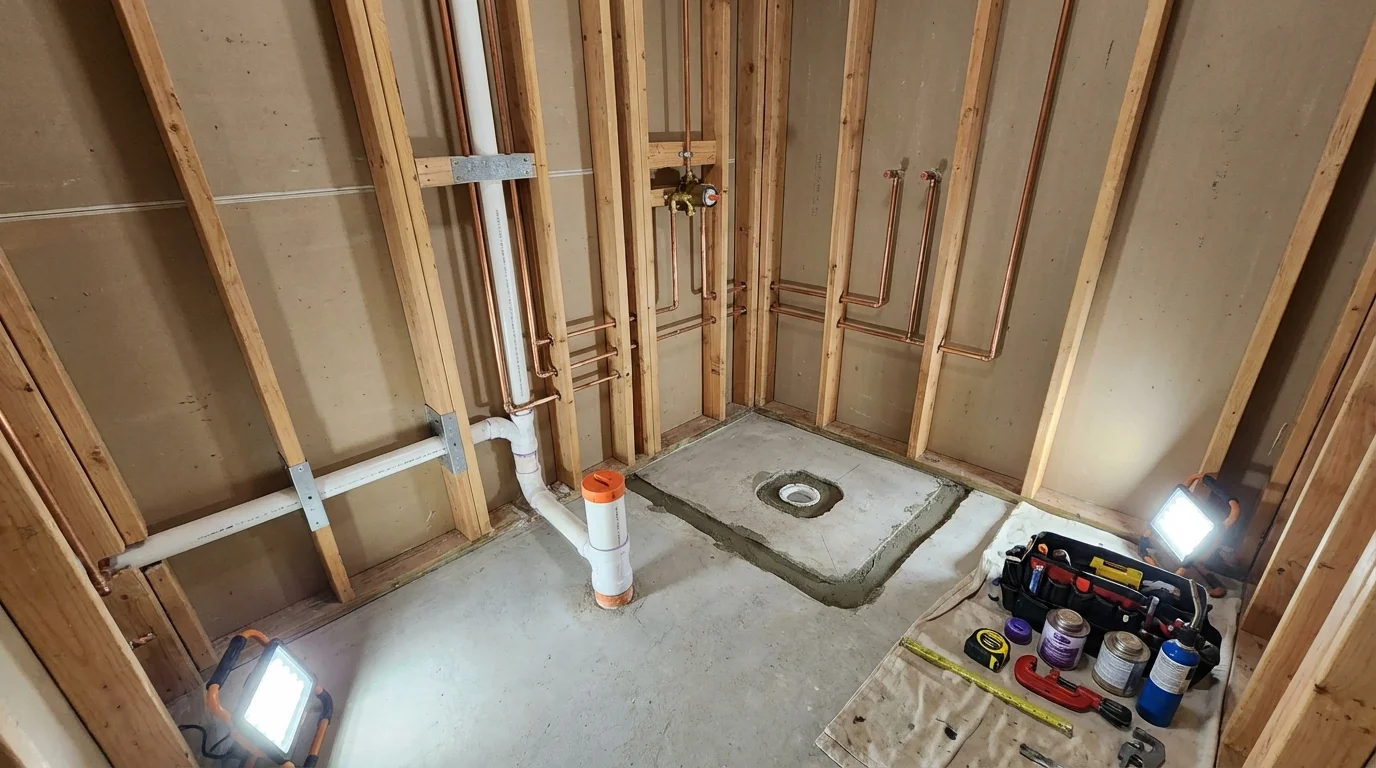 Bathroom rough-in plumbing during remodel by Johns Plumbing LLC in Gordon
