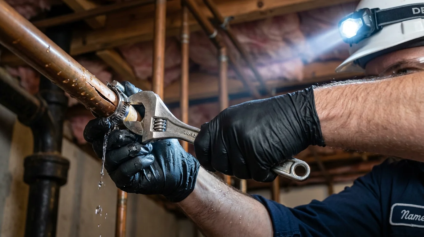 Emergency pipe clamp repair being performed by a Johns Plumbing LLC plumber in Gordon