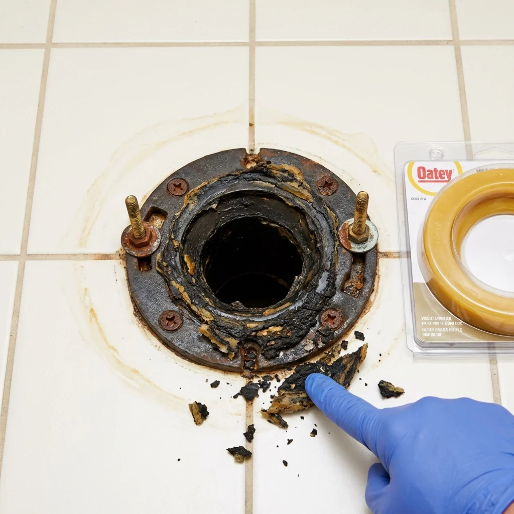 Failed wax ring showing water seepage at the base of a toilet in a Gordon, GA home