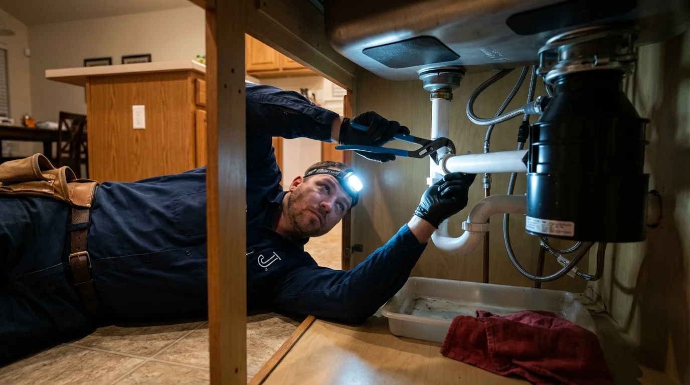 P-trap and supply line connections under a kitchen sink showing a common leak point in Gordon, GA